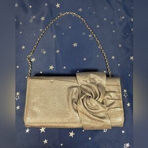 Jessica McClintock Metallic Silver Bow Clutch Purse with Chain